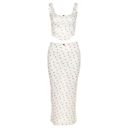Off-white two-piece set with floral print and cropped tank top
