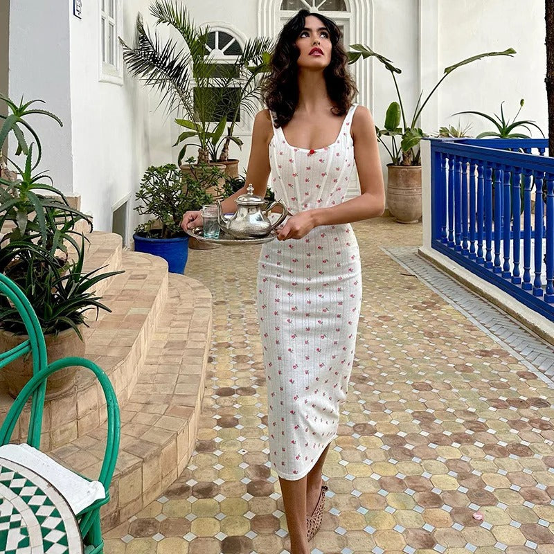 Off-white two-piece set with floral print and cropped tank top