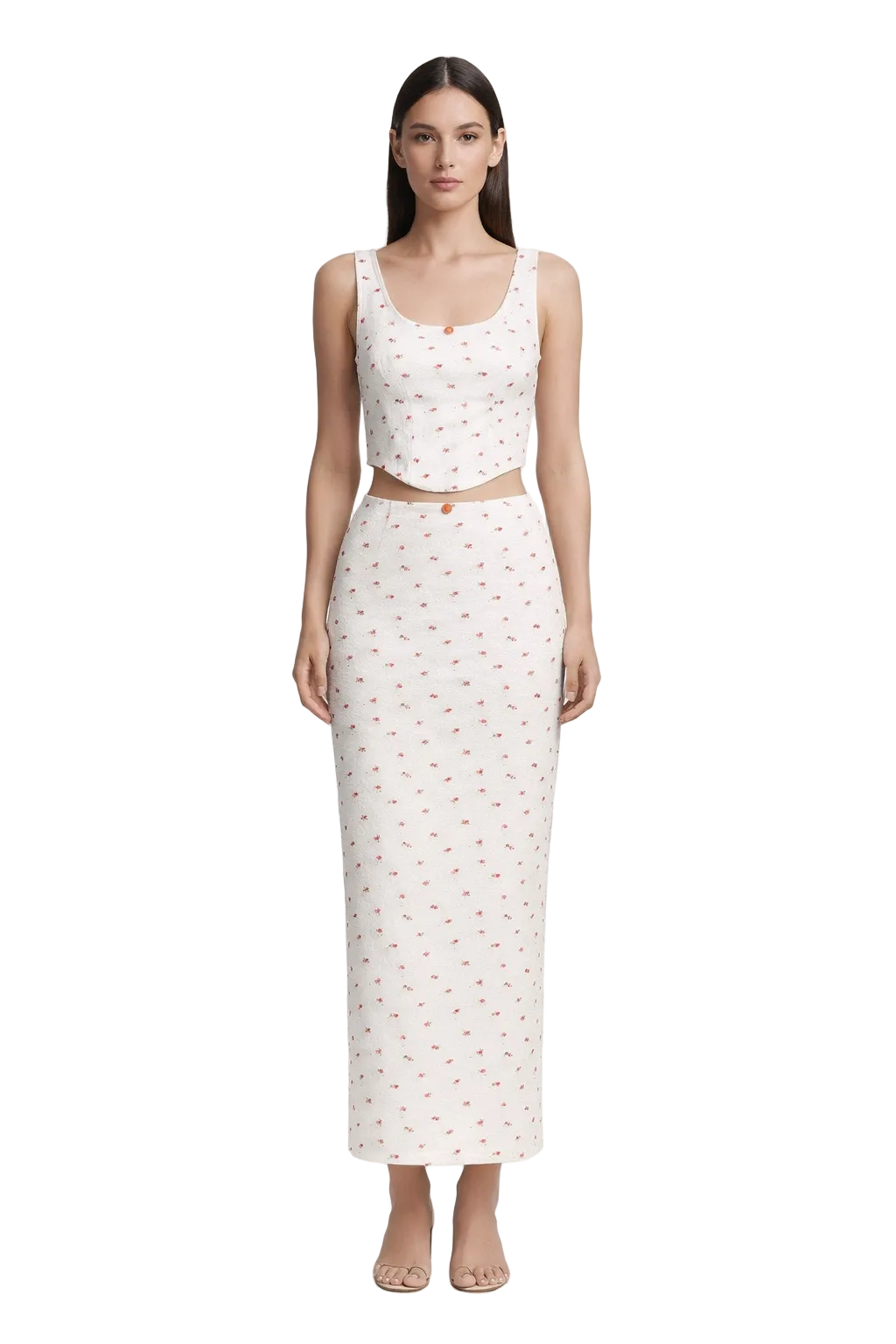 Off-white two-piece set with floral print and cropped tank top