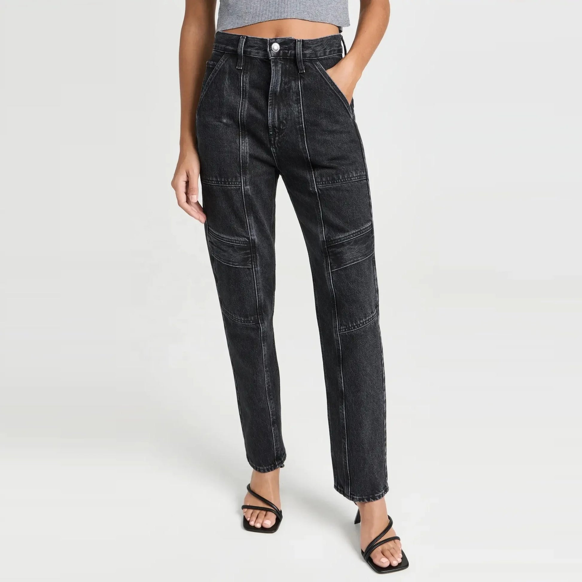 Paneled Utility Jeans in Washed Black
