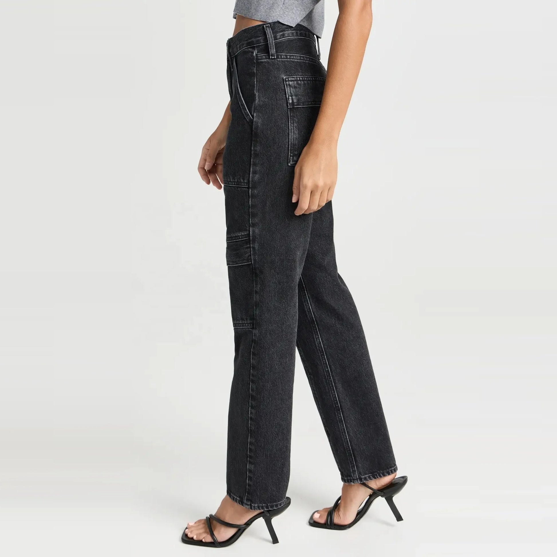 Paneled Utility Jeans in Washed Black