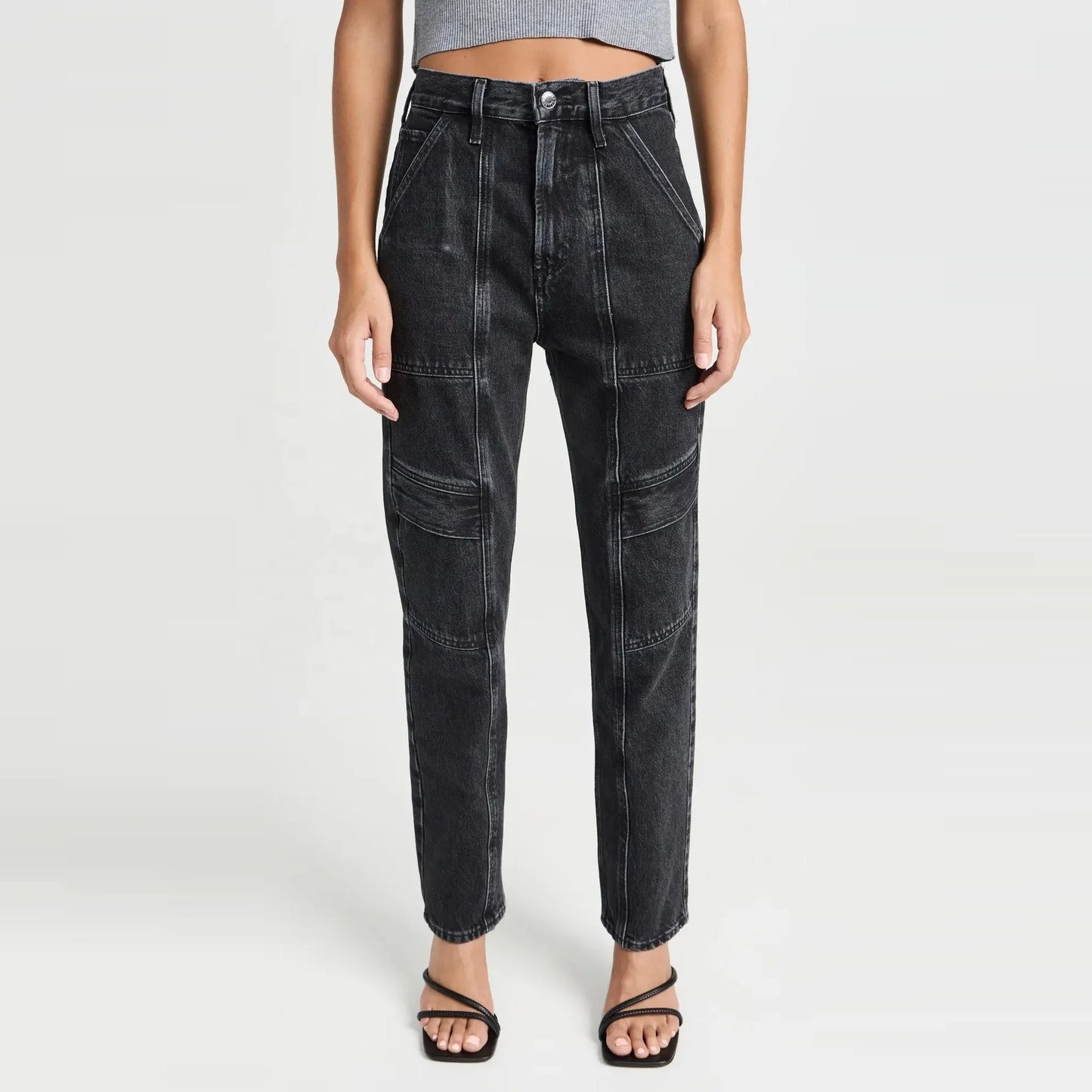 Paneled Utility Jeans in Washed Black