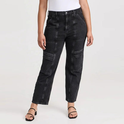 Paneled Utility Jeans in Washed Black