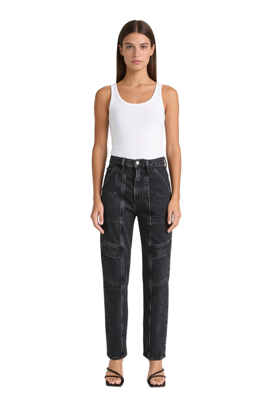 Paneled Utility Jeans in Washed Black