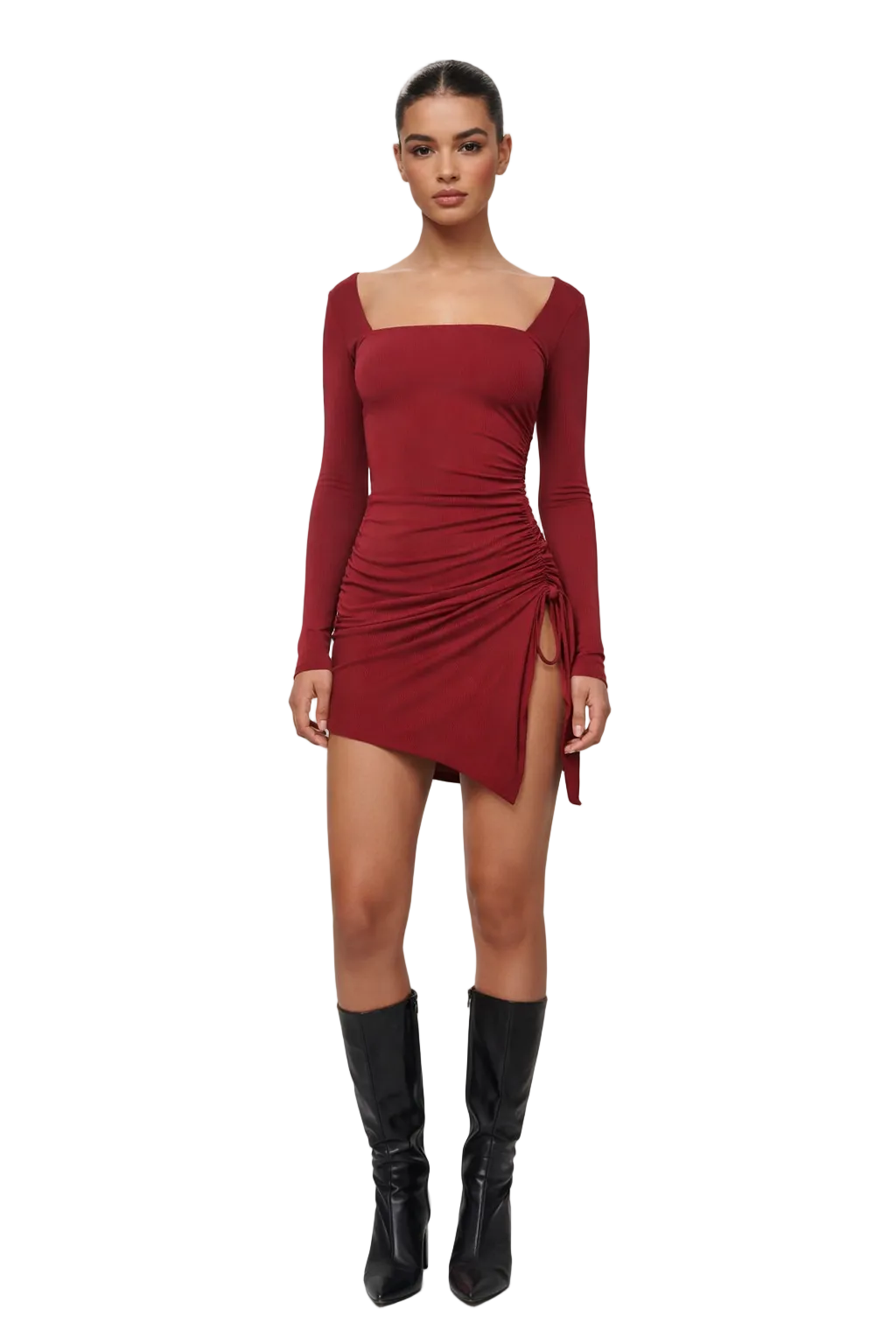 Red long-sleeve mini dress with square neckline and side ruching