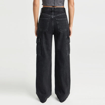 Wide-Leg Cargo Jeans in Washed Black