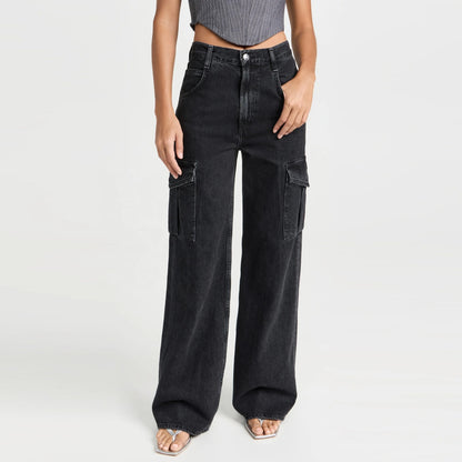 Wide-Leg Cargo Jeans in Washed Black