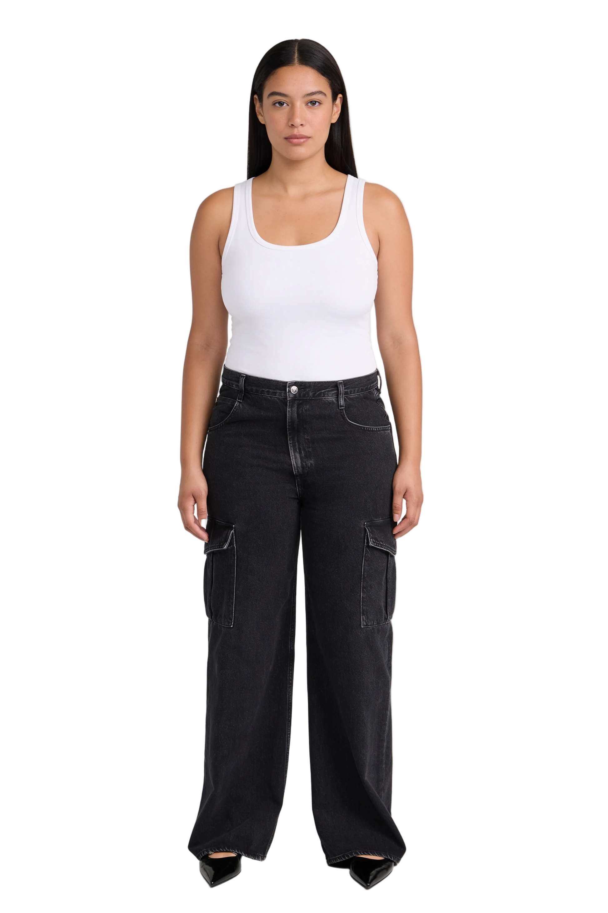 Wide-Leg Cargo Jeans in Washed Black