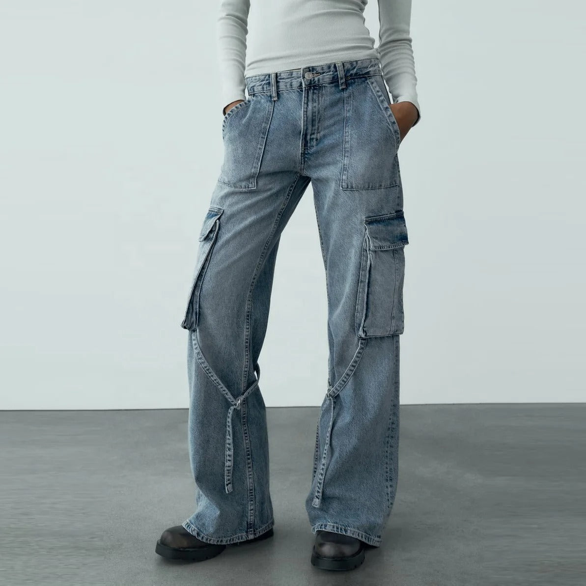 Wide-Leg Cargo Jeans with Buckle Straps in Light Blue Wash