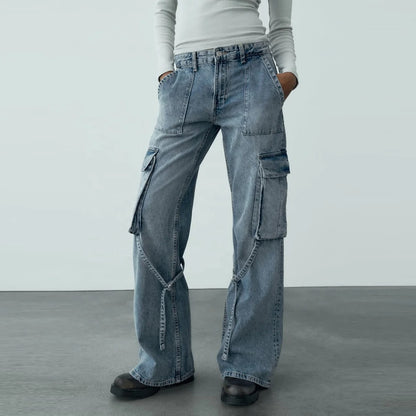 Wide-Leg Cargo Jeans with Buckle Straps in Light Blue Wash