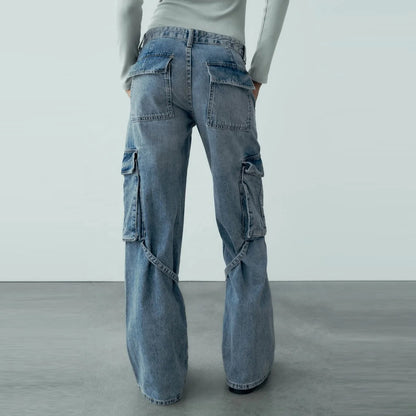 Wide-Leg Cargo Jeans with Buckle Straps in Light Blue Wash