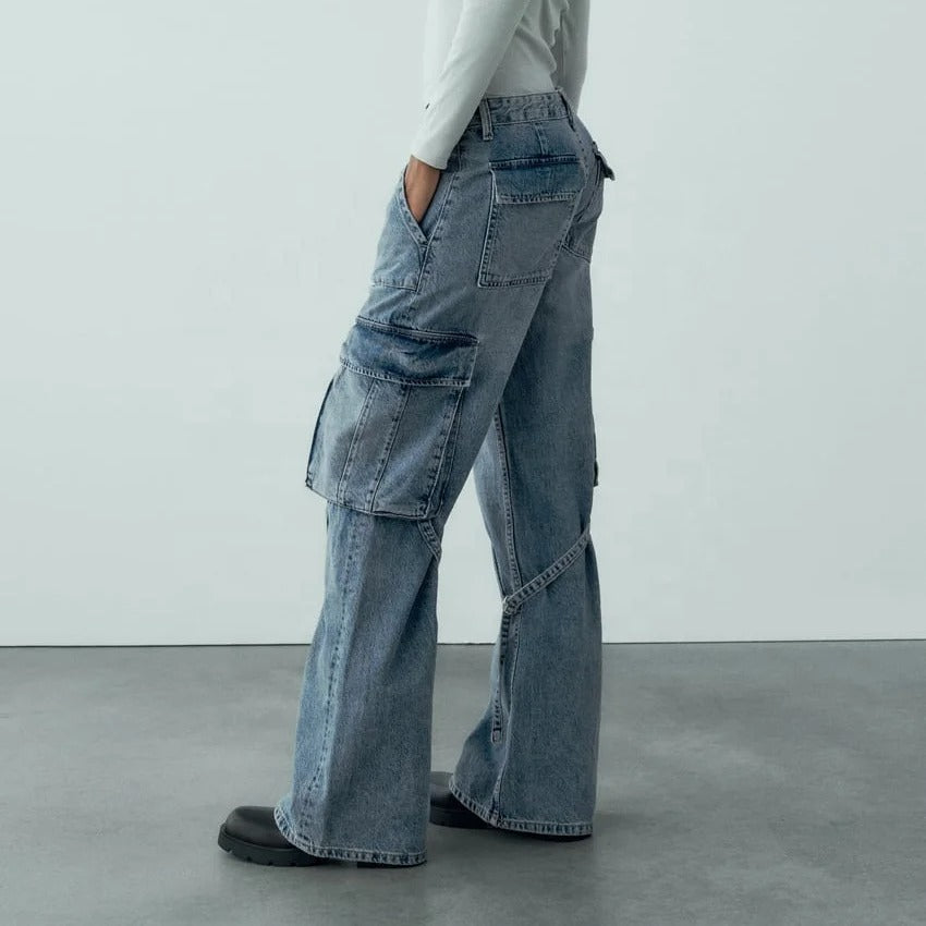 Wide-Leg Cargo Jeans with Buckle Straps in Light Blue Wash