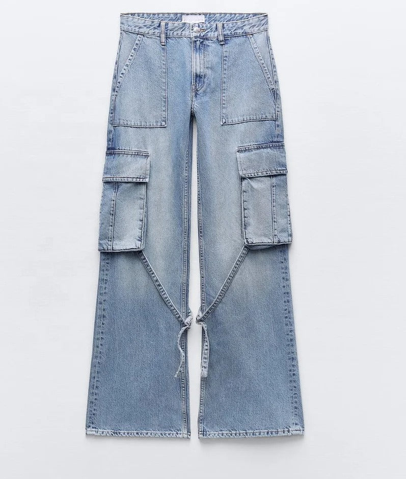 Wide-Leg Cargo Jeans with Buckle Straps in Light Blue Wash