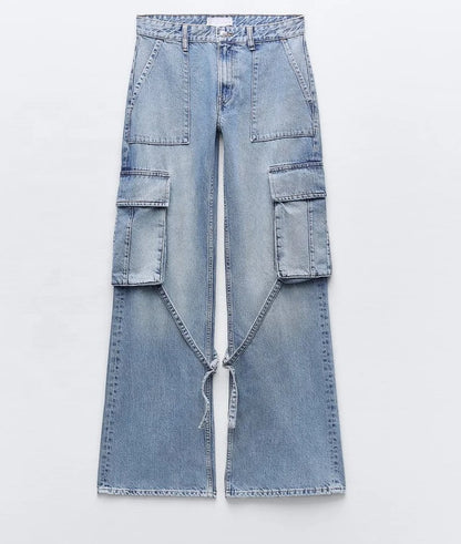 Wide-Leg Cargo Jeans with Buckle Straps in Light Blue Wash