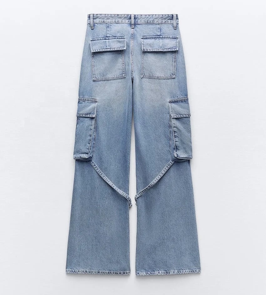Wide-Leg Cargo Jeans with Buckle Straps in Light Blue Wash