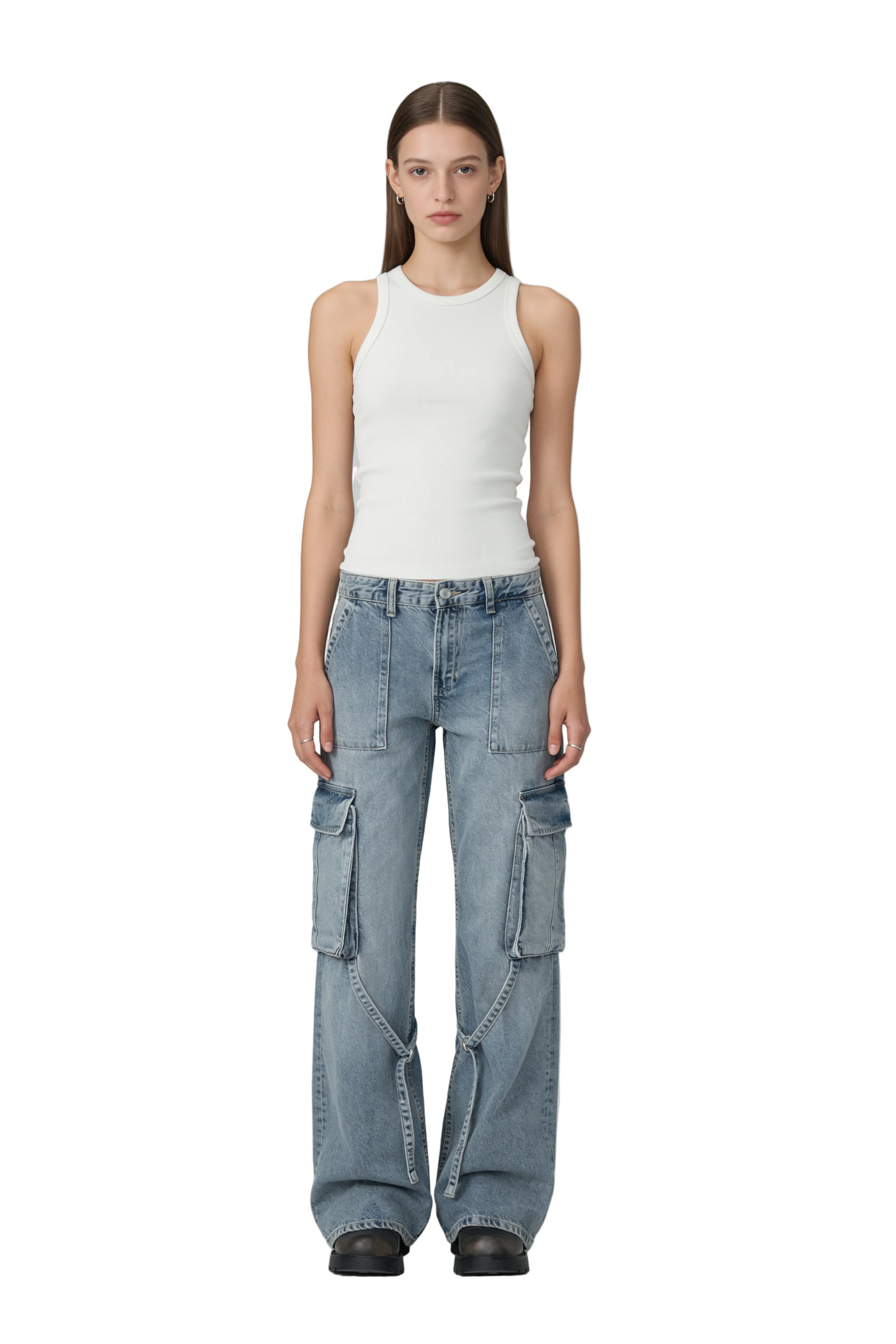Wide-Leg Cargo Jeans with Buckle Straps in Light Blue Wash