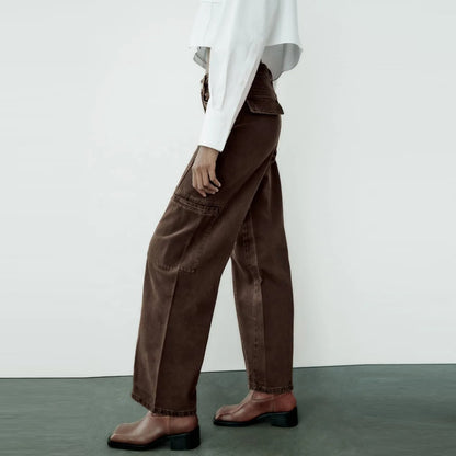 Wide-Leg Cargo Trousers in Dark Brown