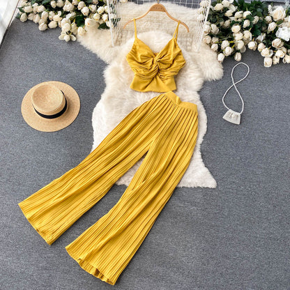 Yellow pleated two-piece set with cropped top